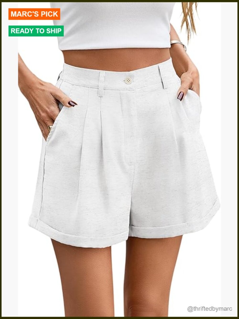 High Waisted Linen Blend Shorts With Pockets, Pleated Cuffed Casual Summer